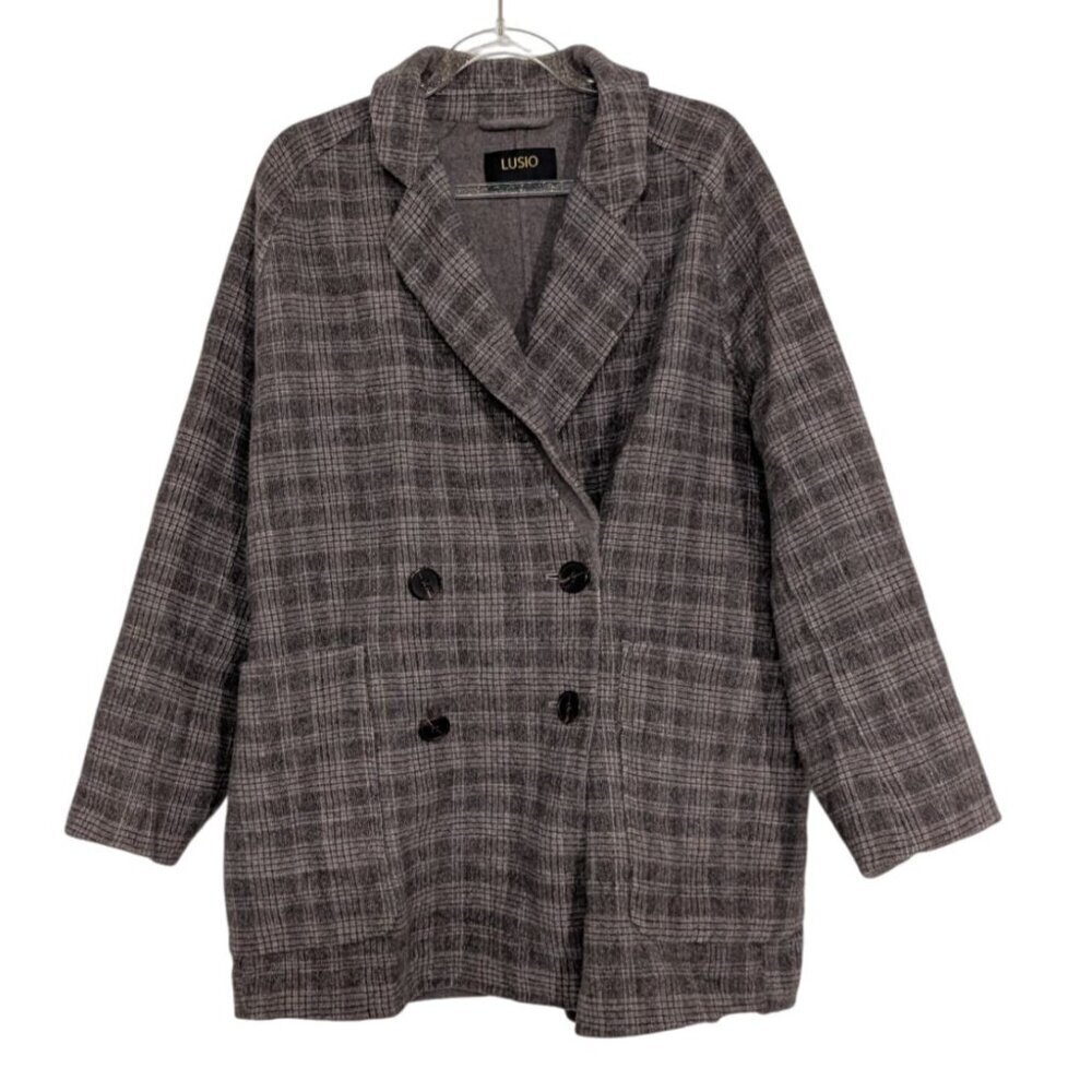 Lusio 100% Wool Plaid Jacket Womens Size Medium Gray Double Breasted Unlined